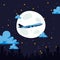 Night flight airplane, air transport carries passengers set vector illustration. Big bright moon and starry sky