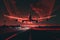 night flights with red lights over airport, plane flights double exposure