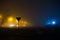Night foggy landscape. Yellow lights along the road contrasts with cold street lighting nearby