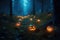 in the night forest, fireflies create a magical glow over pumpkins .Halloween