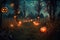 in the night forest, fireflies create a magical glow over pumpkins .Halloween