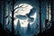night forest with owl swooping over the moonlit treetops