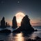 Night futuristic seascape. Reflection of the moon on sea water. Large stones, rocks on the shore, trees. Rays of