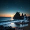 Night futuristic seascape. Reflection of the moon on sea water. Large stones, rocks on the shore, trees. Rays of