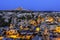 The night Goreme, ancient city and fortress of Uchisar on the horizon. Landscape Cappadocia