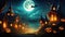 night halloween background with moon bats and pumpkins
