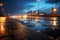 Night highway Side view asphalt road glows under city lights, urban scene