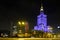 Night illumination of Culture and Science Palace and Sail Zlota 44 skyscraper by Defilad Square in Warsaw city center