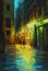 Night landscape in barcelona gothic quarter with the rain, paint