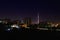 Night landscape of bridge aqueduct on the backround of Worker and collective farmer with the Ostankino tower at night