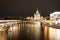 Night landscape of the center of Moscow with a view of the high-rise on the Kotelnicheskaya embankment, the Floating bridge of