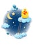 Night landscape with clouds, ladder and chick with heart. Fantasy illustration
