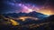 Night landscape with colorful Milky Way and yellow light at mountains. Starry sky with hills at summer. Beautiful Universe