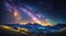 Night landscape with colorful Milky Way and yellow light at mountains. Starry sky with hills at summer. Beautiful Universe