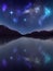 Night landscape with dark silhouettes of mountains and sky with stars. Mystical sunrise background with lake. EPS 10