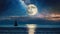 Night Landscape. Full Moon over the ocean, sail boat. AI generated