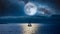 Night Landscape. Full Moon over the ocean, sail boat. AI generated