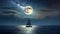 Night Landscape. Full Moon over the ocean, sail boat. AI generated