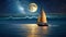 Night Landscape. Full Moon over the ocean, sail boat. AI generated