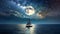 Night Landscape. Full Moon over the ocean, sail boat. AI generated