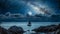 Night Landscape. Full Moon over the ocean, sail boat. AI generated