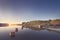 Night landscape of the lake with buoys in the water against the