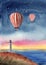 A night landscape with a lighthouse on a grassy island and two white and red hot air balloons