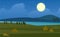 Night landscape with mountain river forest illustration. Disc of moon illuminates green valley with trees mountain