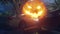 Night landscape with a mystical fog, rainy road, cars on the highway, glowing scary pumpkin on a foggy night in the