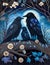 Night landscape with ornate ravens family on the tree under the moon. Fairytale illustration. Generative AI