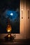 Night landscape outside the window moon old lamp windowsill