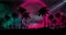 Night landscape with palm trees, against the backdrop of a neon sunset, stars. Silhouette coconut palm trees on beach at sunset.