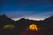Night landscape. Tents in Altai mountains. Akchan valley