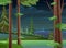 Night landscape with trees and fir trees. Coniferous forest at dusk. Dark summer scene. Illustration in cartoon style