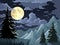 Night landscape with trees, mountains and full moon. Vector illustration.