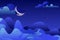 Night landscape, vector illustration. Blue mountains and moon on sky. Nature horizontal background with copy space.