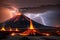 Night landscape with volcano and burning lava. Volcano eruption, fantasy landscape, generative ai