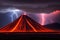 Night landscape with volcano and burning lava. Volcano eruption, fantasy landscape, generative ai