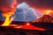 Night landscape with volcano and burning lava. Volcano eruption, fantasy landscape, generative ai