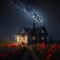 Night landscape with a wooden house on a field of poppies under the starry sky. Generative AI