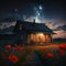 Night landscape with a wooden house on a field of poppies under the starry sky. Generative AI