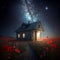 Night landscape with a wooden house on a field of poppies under the starry sky. Generative AI