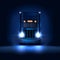 Night large classic big rig semi truck with headlights and dry van semi riding on the dark night background front view