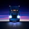 Night large classic big rig semi truck headlights dry van semi riding in dark night road on colorful starry sky background