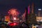 Night light of bangkok cityscape with firework celebrate in Twilight night background bangkok city, Thailand