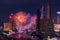 night light of bangkok cityscape with firework celebrate in Twilight night background bangkok city, Thailand