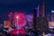 Night light city of  bangkok cityscape with firework celebrate in Twilight night background bangkok city, Thailand