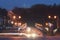 Night light cityscape. Illuminated Novoplanovsky bridge over Smotrytsky canyon. Light trails with motion blur effect.