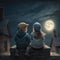 At night, a little boy and girl sit on a roof and gaze at the moon in the sky. Generated By AI