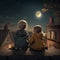 At night, a little girls sit on a roof and gaze at the moon in the sky. Generated By AI